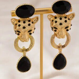 Gold tone - Black accents - Big Cat earrings